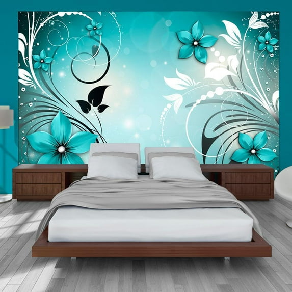 Tiptophomedecor Peel and Stick Floral Wallpaper Wall Mural - Turquoise Dream - Removable Wall Decals