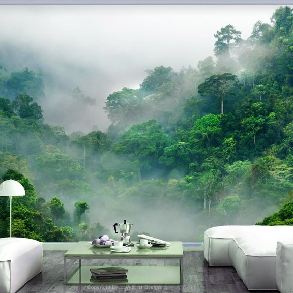 Tiptophomedecor Peel and Stick Forest Wallpaper Wall Mural - Morning Fog - Removable Wall Decals