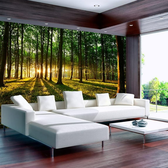 Tiptophomedecor Peel and Stick Forest Wallpaper Wall Mural - Spring Morning In The Forest - Removable Wall Decals