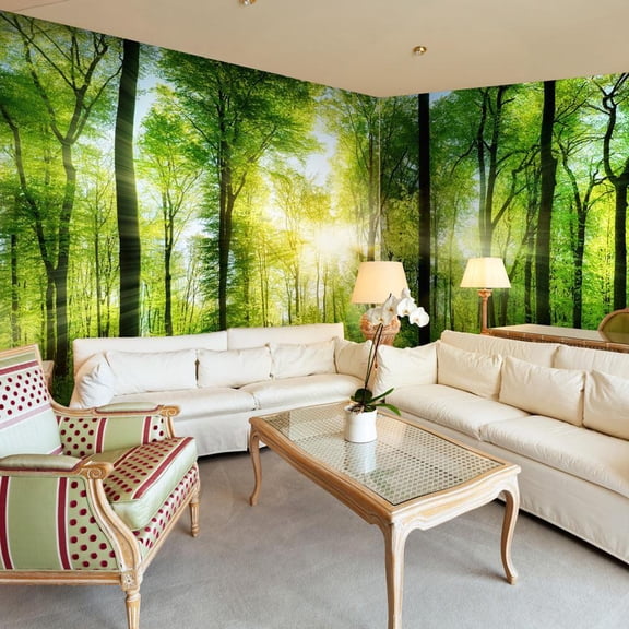 Tiptophomedecor Peel and Stick Forest XXL Wallpaper Wall Mural - Green Forest Sunrise - Removable Wall Decals