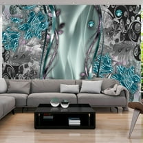 Tiptophomedecor Peel and Stick Glam Wallpaper Wall Mural - Floral Curtain Turquoise - Removable Wall Decals