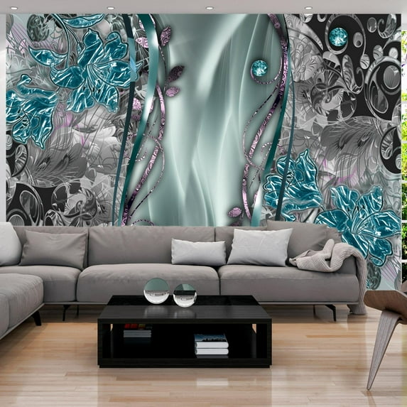 Tiptophomedecor Peel and Stick Glam Wallpaper Wall Mural - Floral Curtain Turquoise - Removable Wall Decals