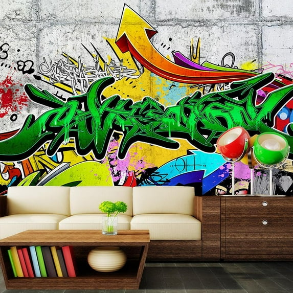 Tiptophomedecor Peel and Stick Street Art Wallpaper Wall Mural - Green Urban Graffiti - Removable Wall Decals