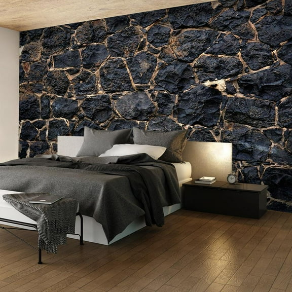Tiptophomedecor Peel and Stick Wallpaper Wall Mural - Big Black Stacked Stone Wall - Removable Wall Decals