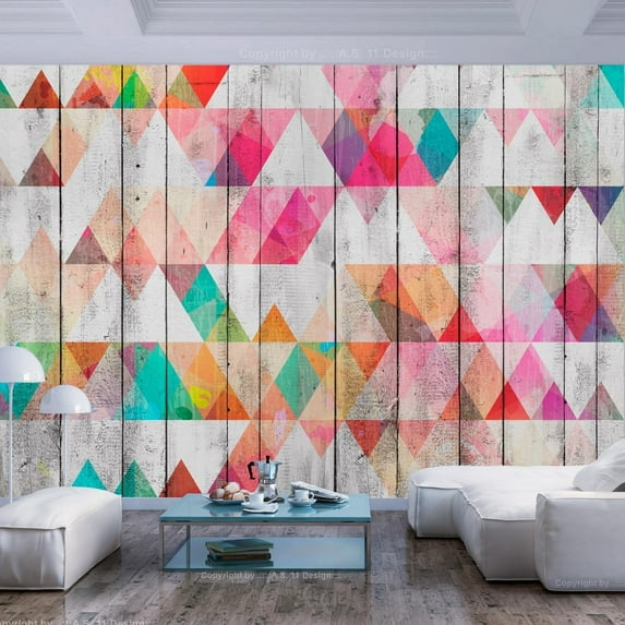 Tiptophomedecor Peel and Stick Wallpaper Wall Mural - Colourful Triangles On Wood - Removable Wall Decals