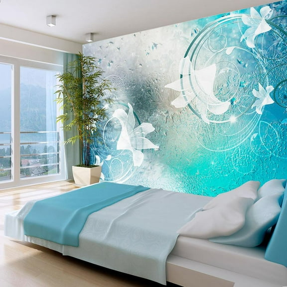 Tiptophomedecor Peel and Stick Wallpaper Wall Mural - Flowers on Glass Blue - Removable Wall Decals