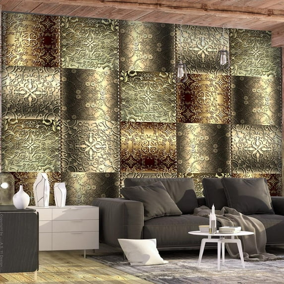 Tiptophomedecor Peel and Stick Wallpaper Wall Mural - Golden Metal Plates - Removable Wall Decals