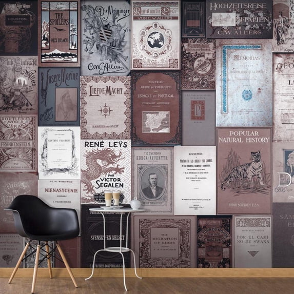 Tiptophomedecor Peel and Stick Wallpaper Wall Mural - Retro Style Old Book Covers - Removable Wall Decals
