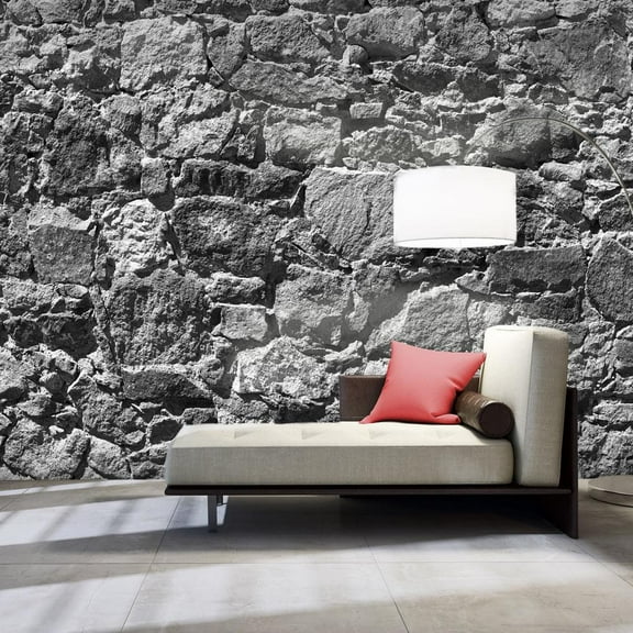 Tiptophomedecor Peel and Stick Wallpaper Wall Mural - Stacked Grey Stone Wall - Removable Wall Decals