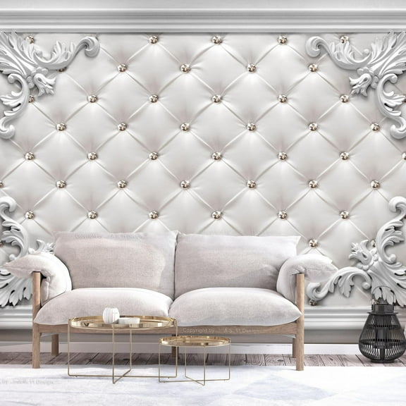 Tiptophomedecor Peel and Stick Wallpaper Wall Mural - White Chesterfield and Ornaments - Removable Wall Decals