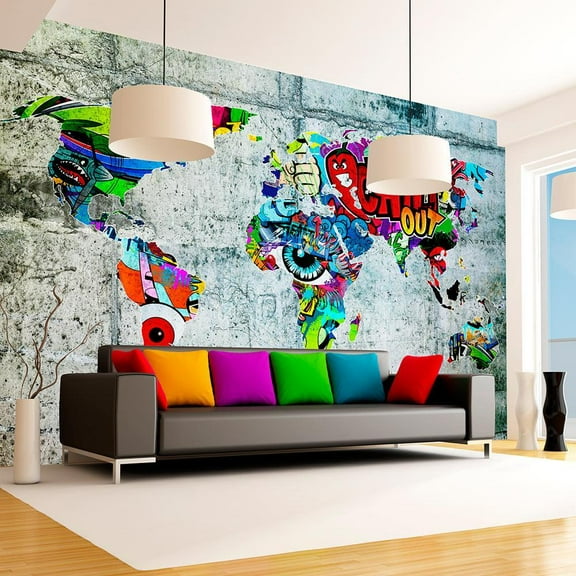 Tiptophomedecor Peel and Stick World Map  Wallpaper Wall Mural - Graffiti World Map - Removable Wall Decals