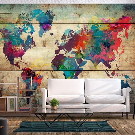 Tiptophomedecor Peel and Stick World Map  Wallpaper Wall Mural - Multicoloured World Map - Removable Wall Decals