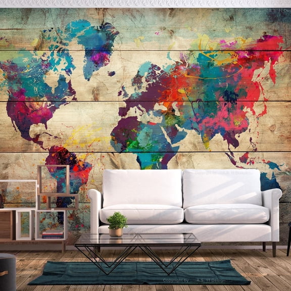 Tiptophomedecor Peel and Stick World Map Wallpaper Wall Mural - Multicoloured World Map - Removable Wall Decals