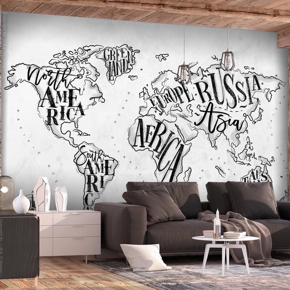 Tiptophomedecor Peel and Stick World Map  Wallpaper Wall Mural - World Map In Calligraphy Words - Removable Wall Decals