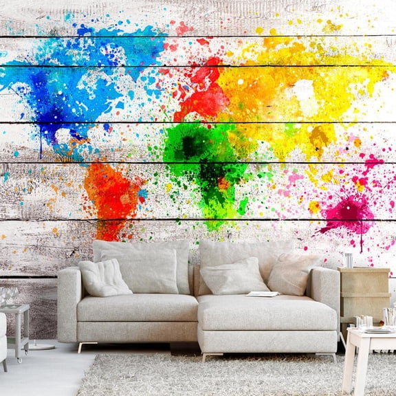 Tiptophomedecor Peel and Stick World Map  Wallpaper Wall Mural - World Map Ink Splashes - Removable Wall Decals