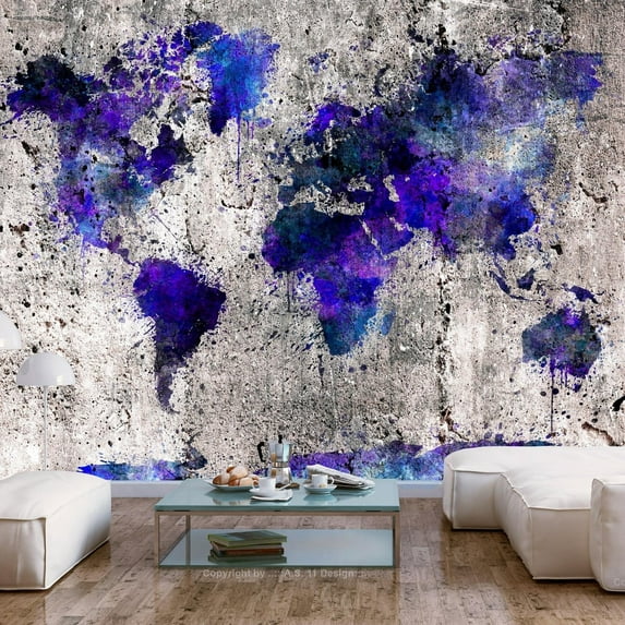 Tiptophomedecor Peel and Stick World Map  Wallpaper Wall Mural - World Map Purple Ink - Removable Wall Decals