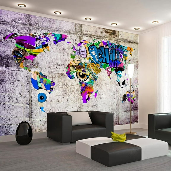Tiptophomedecor Peel and Stick World Map  Wallpaper Wall Mural - World Map Street Art - Removable Wall Decals