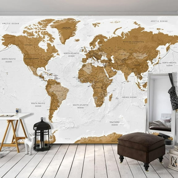 Tiptophomedecor Peel and Stick World Map  Wallpaper Wall Mural - World Map White Oceans - Removable Wall Decals