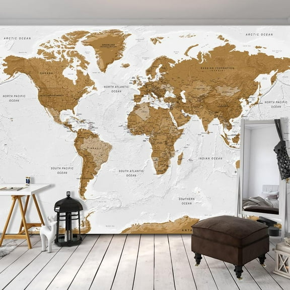 Tiptophomedecor Peel and Stick World Map  Wallpaper Wall Mural - World Map White Oceans - Removable Wall Decals