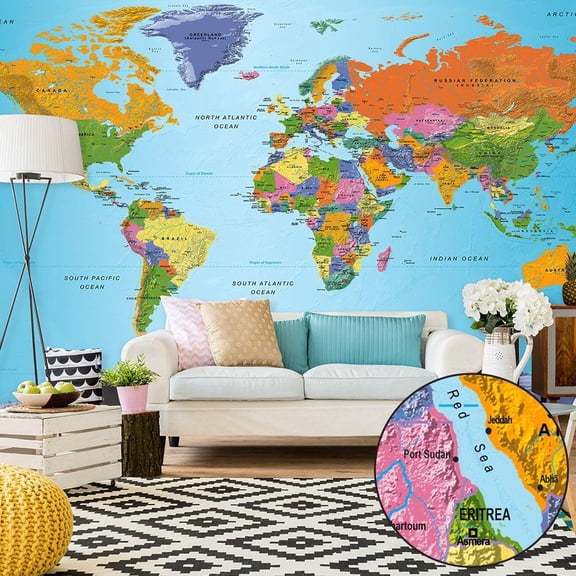 Tiptophomedecor Peel and Stick World Map XXL Wallpaper Wall Mural - World Map Colourful - Removable Wall Decals