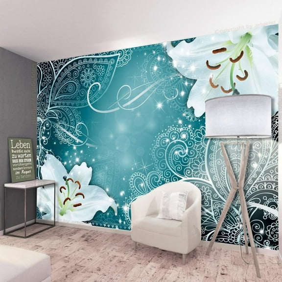 Tiptophomedecor Peel and Stick Zen Wallpaper Wall Mural - Mandala And Flowers Turquoise - Removable Wall Decals