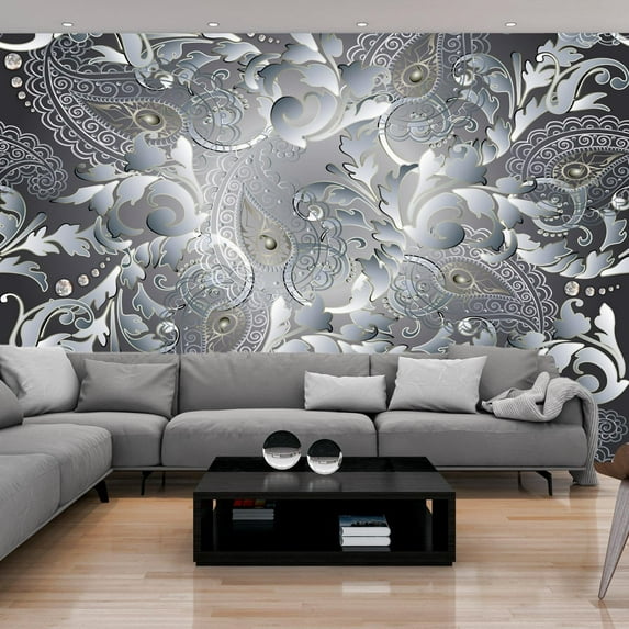 Tiptophomedecor Peel and Stick Zen Wallpaper Wall Mural - Oriental Silver Mandala - Removable Wall Decals