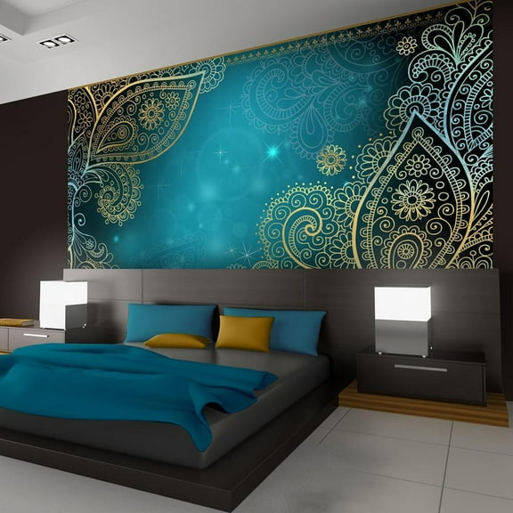Tiptophomedecor Peel and Stick Zen Wallpaper Wall Mural - Oriental Turquoise Mandala - Removable Wall Decals