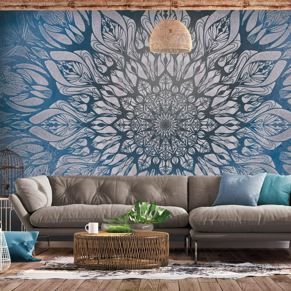 Tiptophomedecor Peel and Stick Zen Wallpaper Wall Mural - Vintage Blue Mandala - Removable Wall Decals