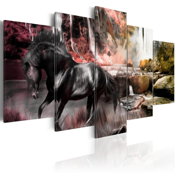 Tiptophomedecor Stretched Canvas Animal Art - Black Horse On Crimson Sky Background - Stretched & Framed Ready To Hang Art