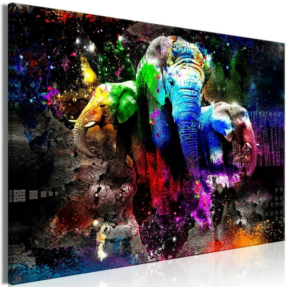 Tiptophomedecor Stretched Canvas Animal Art - Colorful Elephants Wide - Stretched & Framed Ready To Hang Art