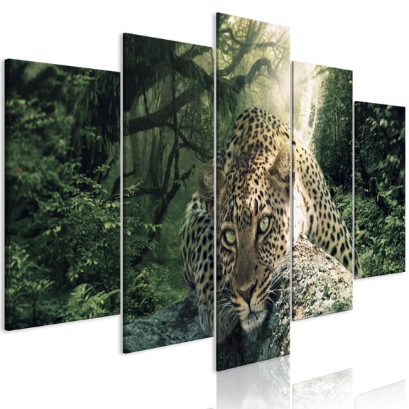 Tiptophomedecor Stretched Canvas Animal Art - Leopard Lying Pale Green 5 Piece - Stretched & Framed Ready To Hang Art