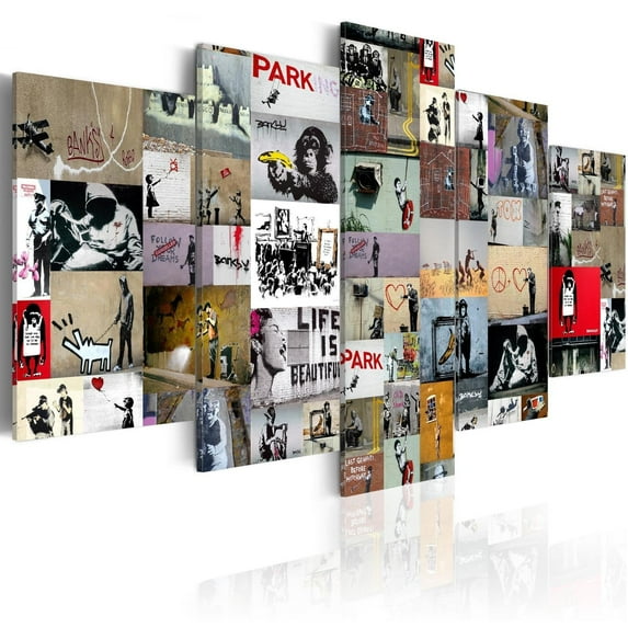 Tiptophomedecor Stretched Canvas Street Art - Banksy Collage 5 Piece - Stretched & Framed Ready To Hang Art