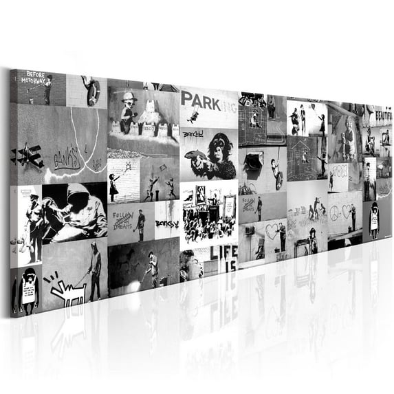Tiptophomedecor Stretched Canvas Street Art - Banksy Collage Black & White - Stretched & Framed Ready To Hang Art