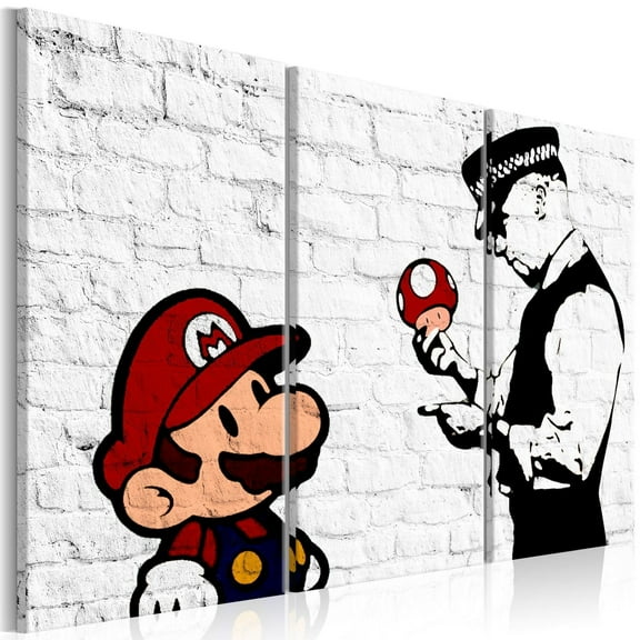 Tiptophomedecor Stretched Canvas Street Art - Banksy: Mario And Police Officer On White Wall 3 Piece - Stretched & Framed Ready To Hang Art