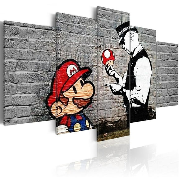 Tiptophomedecor Stretched Canvas Street Art - Banksy: Mario Mushroom Cop 5 Piece - Stretched & Framed Ready To Hang Art