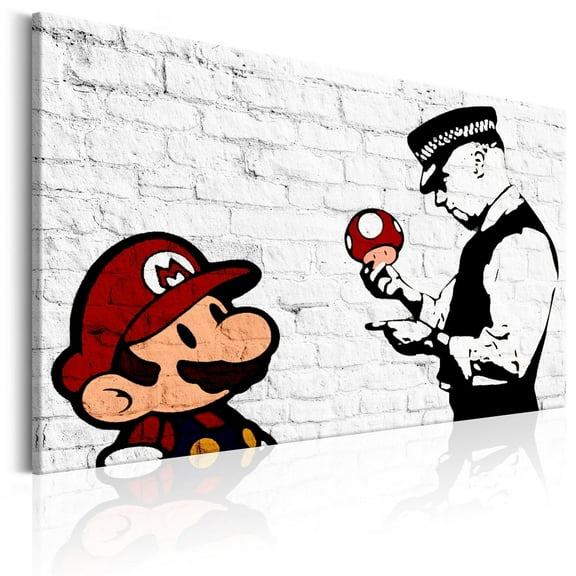 Tiptophomedecor Stretched Canvas Street Art - Banksy: Mario On Brick - Stretched & Framed Ready To Hang Art