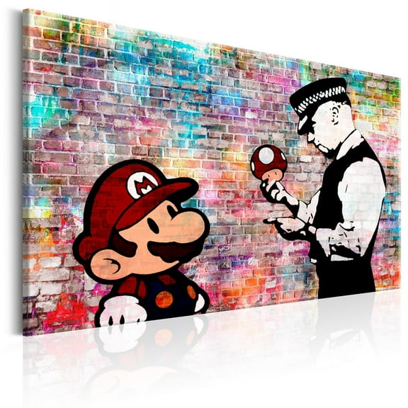 Tiptophomedecor Stretched Canvas Street Art - Banksy: Mario On Colourful Brick - Stretched & Framed Ready To Hang Art