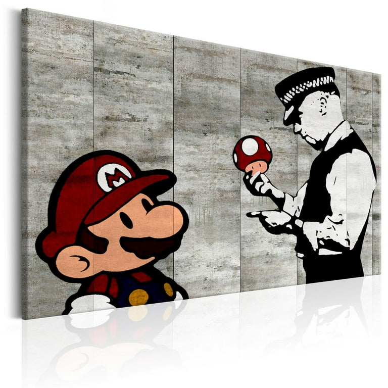 Tiptophomedecor Stretched Canvas Street Art - Banksy: Mario On Concrete -  Stretched & Framed Ready To Hang Art 