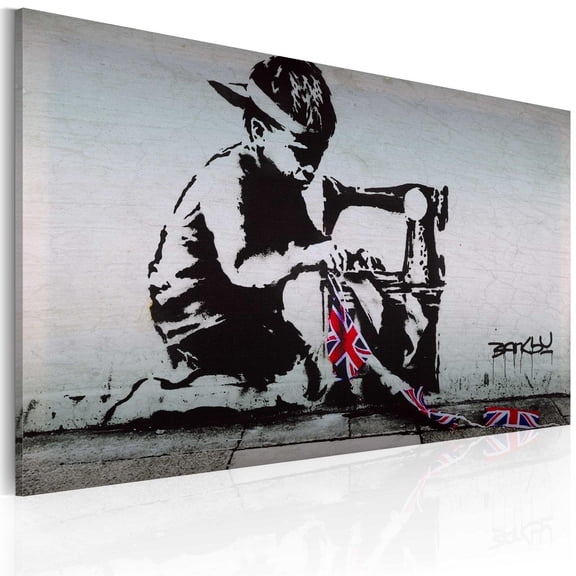 Tiptophomedecor Stretched Canvas Street Art - Banksy: Union Jack Kid - Stretched & Framed Ready To Hang Art