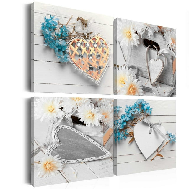 Tiptophomedecor Stretched Canvas Vintage Art - Flowers And Hearts - Stretched & Framed Ready To Hang Art