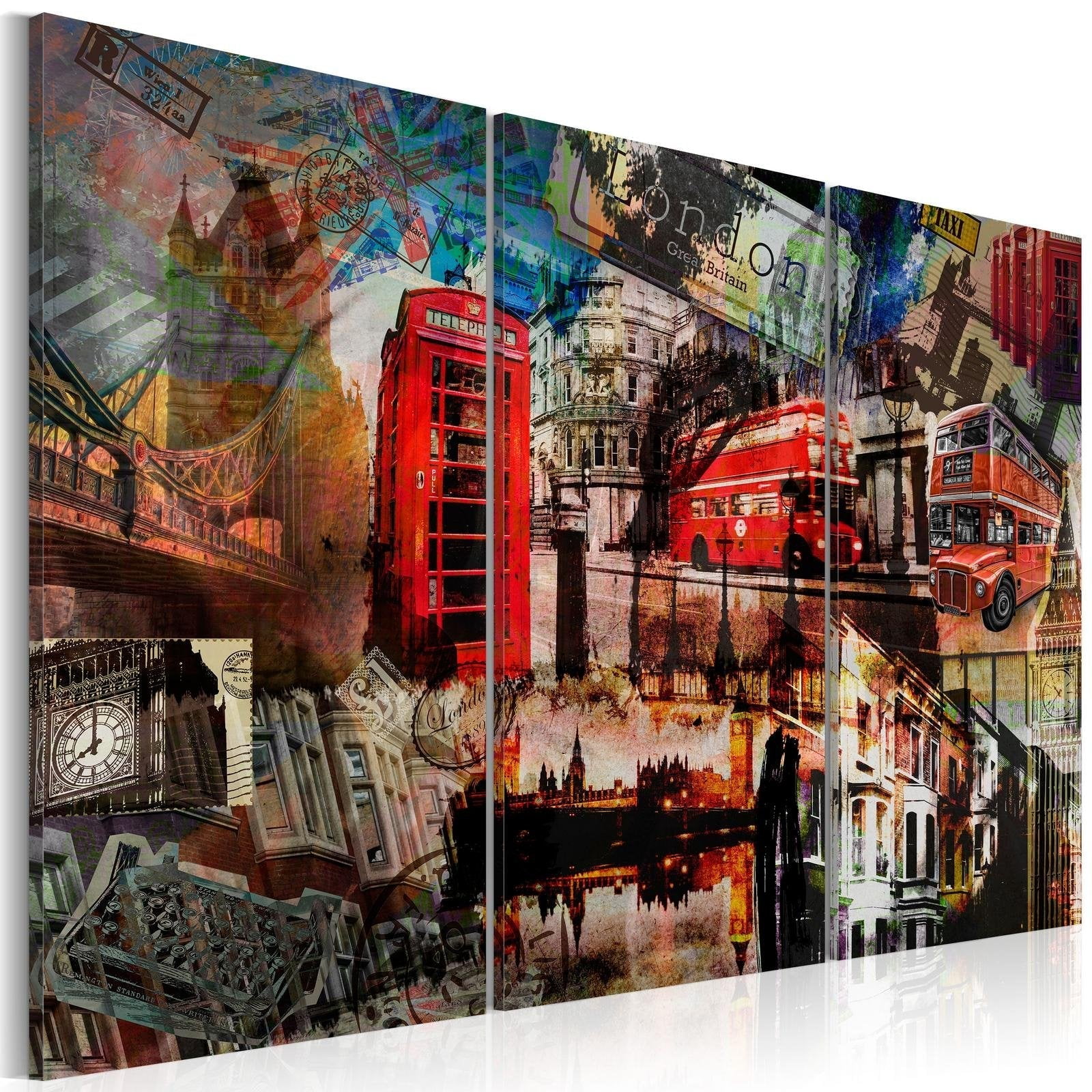 Tiptophomedecor Stretched Canvas Wall Art London Collage Triptych  Stretched  Framed Ready To Hang Art