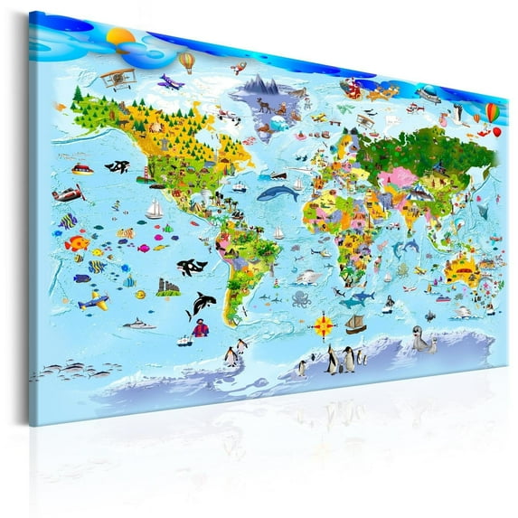 Tiptophomedecor Stretched Canvas World Map Art - Children's Map: Colourful Travels - Stretched & Framed Ready To Hang Art