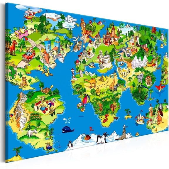 Tiptophomedecor Stretched Canvas World Map Art - Children's Map Wide - Stretched & Framed Ready To Hang Art