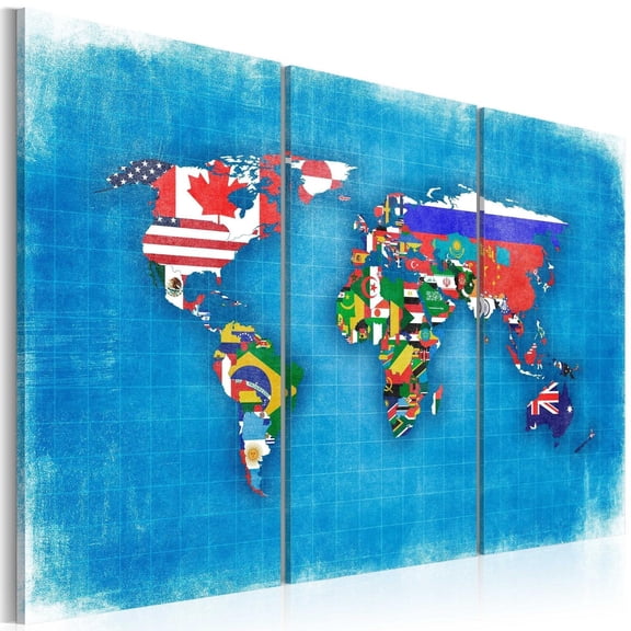 Tiptophomedecor Stretched Canvas World Map Art - Flags Of The World 3 Piece - Stretched & Framed Ready To Hang Art