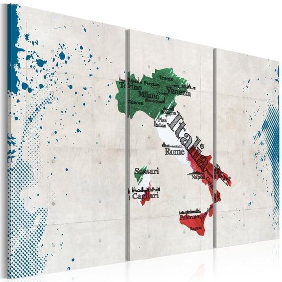Tiptophomedecor Stretched Canvas World Map Art - Map Of Italy 3 Piece - Stretched & Framed Ready To Hang Art