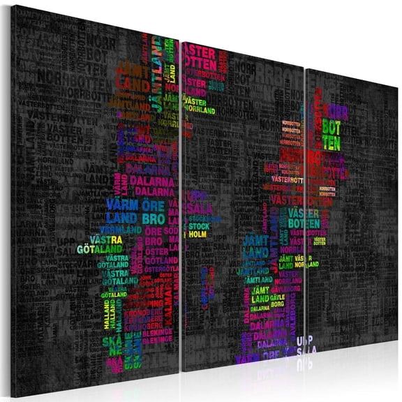 Tiptophomedecor Stretched Canvas World Map Art - Map Of Sweden (Colored Names Of Cities) 3 Piece - Stretched & Framed Ready To Hang Art