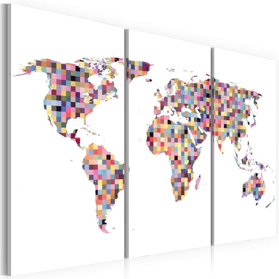 Tiptophomedecor Stretched Canvas World Map Art - Map Of The World - Pixels 3 Piece - Stretched & Framed Ready To Hang Art