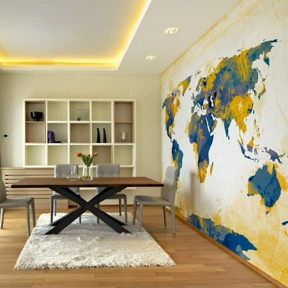 Tiptophomedecor World Map Wallpaper Wall Mural - Map In Blue & Yellow