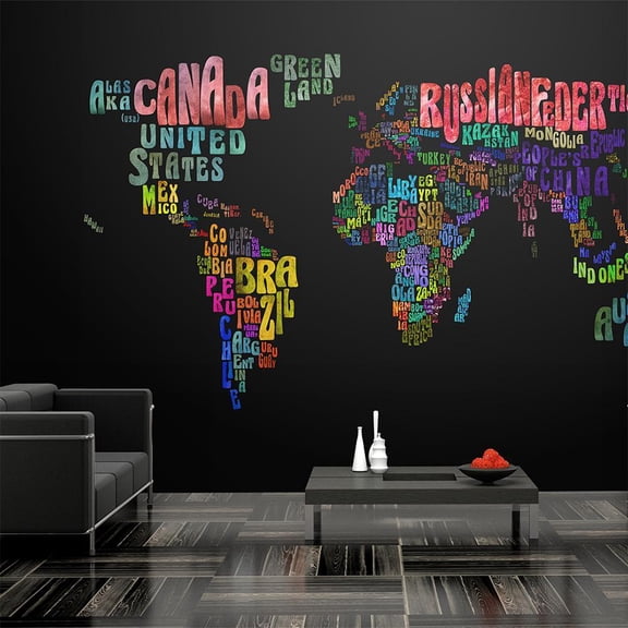 Tiptophomedecor World Map Wallpaper Wall Mural - World In Names On Black Background