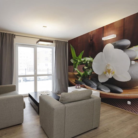 Tiptophomedecor Zen Wallpaper Wall Mural - Bamboo, Black Stones & Orchid